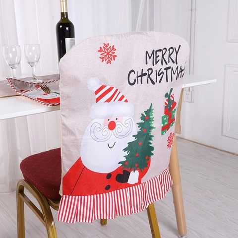 Christmas Chair Back Covers Linen Santa Snowman Print Ruffled Striped Hem Holiday Dining Table Home Party Decor