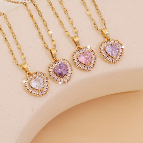 Heart Pendant Necklace Zircon Copper Heart And Stainless Steel Clavicle Chain For Women Fashion Jewelry