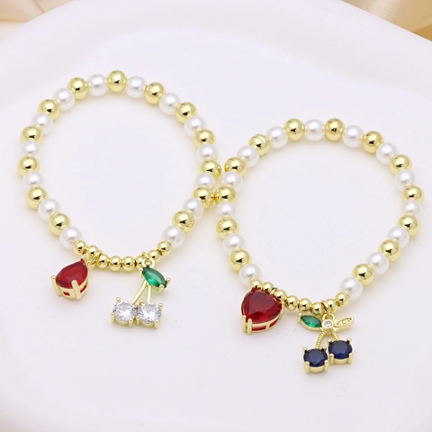 Luxus Kupfer Zirkonia Künstliche Perle Perlenarmband Herz Kirsch Anhänger Verstellbare Mode Schmuck Für Damen Party Geschenk