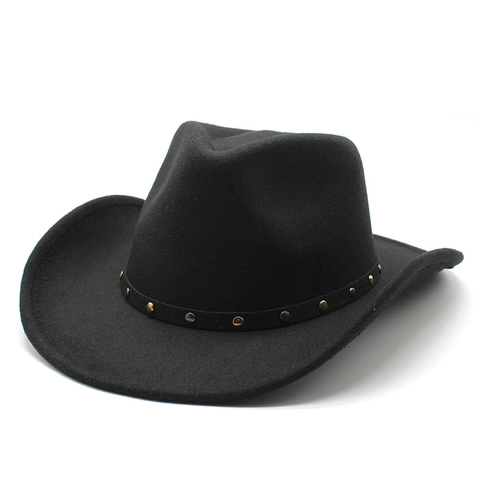 Western Cowboy Hat Wool Felt Fedora Vintage Wide Brim With Metal Rivets Studded Band Punk Jazz Style For Men Women