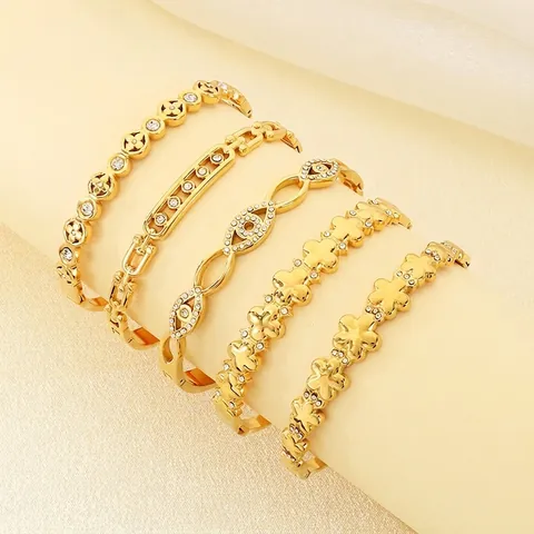 Stainless Steel Bangle Bracelet 18K Gold Plated Cubic Zirconia Evil Eye Clover Geometric Hollow Fashion Jewelry Women
