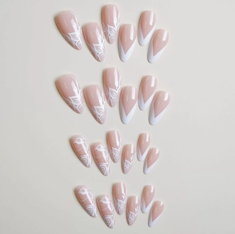 Stiletto Press On Nails Nude Pink White French Tip Flower Hand Painted Design Elegant Artificial Fingernails