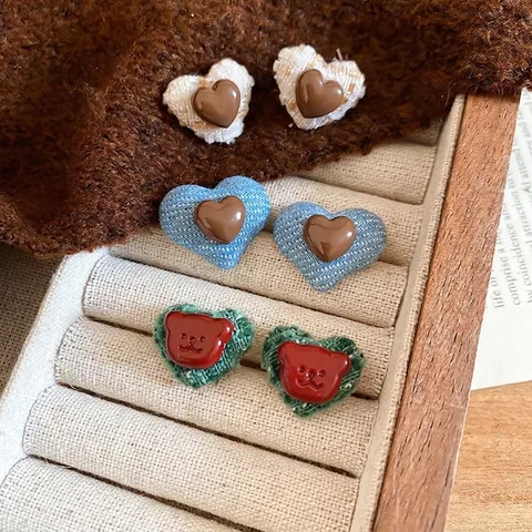 Heart Stud Earrings Tweed Denim Fabric Resin Sweet Vintage Jewelry With Silver Earring Post For Women