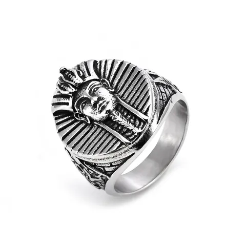Ancient Egyptian Pharaoh King Tutankhamun Relief Men Ring Stainless Steel Retro Punk Hip Hop Biker Ethnic Jewelry Gift