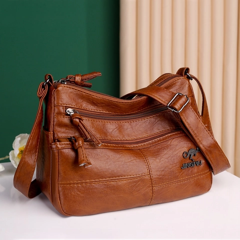 Women Crossbody Bag PU Leather Multi Pocket Retro Shoulder Bag Adjustable Strap Solid Color Soft Texture Travel