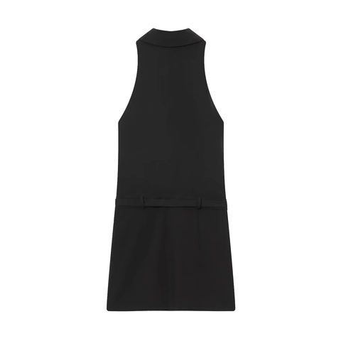 Vestido Blazer Sin Mangas Doble Botonadura Solapa Color Sólido Con Cinturón Elegante Mini Vestido Mujer