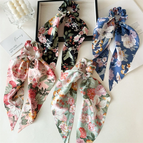 Floral Print Satin Ribbon Scrunchies Long Scarf Tail Elastic Hair Ties Elegant Bow Streamers For Women Ponytail Holder