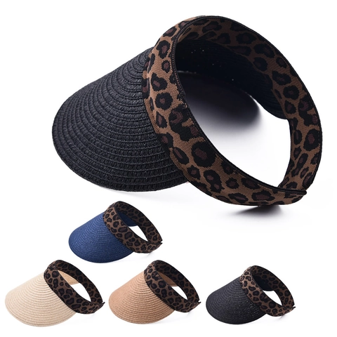 Women Fashion Sun Visor Hat Straw Woven Leopard Print Band Breathable Beach Outdoor UV Protection Accessory