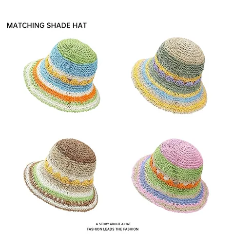 Cappello A Secchiello In Paglia Fatto A Mano All'Uncinetto Righe Arcobaleno Pieghevole Protezione Solare Estate Spiaggia Per Donna