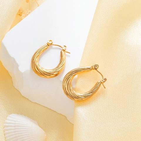 Orecchini A Cerchio Ovali Vintage Acciaio Inossidabile Placcato Oro 18K Trama Corda Intrecciata Gioielli Moda Donna