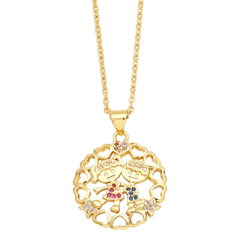 Collana Con Ciondolo Cartone Animato Bambino Bambina Rame Placcato Oro Cuore Traforato Intarsio Zirconi Colorati Gioielli Donna
