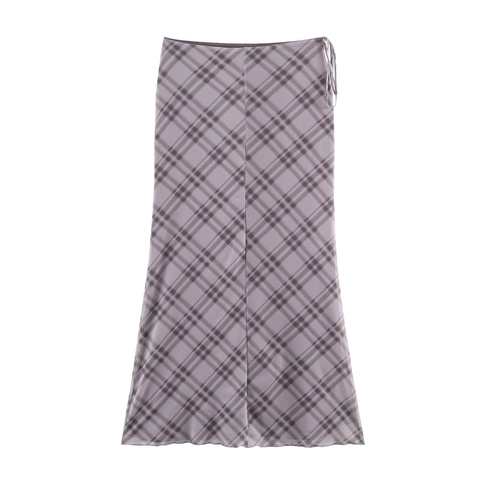 Jupe Midi En Résille À Carreaux Pour Femmes Sexy Laçage Latéral Polyester Streetwear Coupe Droite Élégante