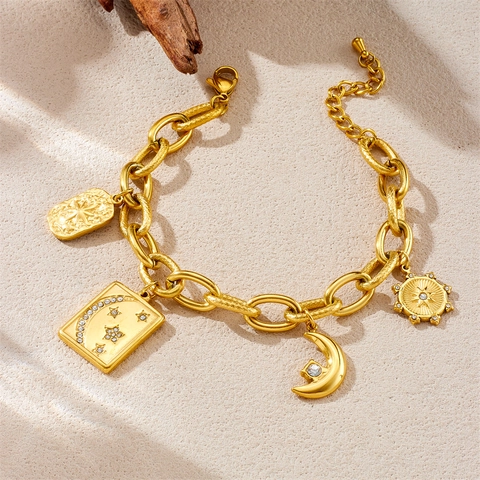 Gold Plated Stainless Steel Chunky Bracelet Star Moon Celestial Pendants Rhinestone Geometric Charm Jewelry For Women