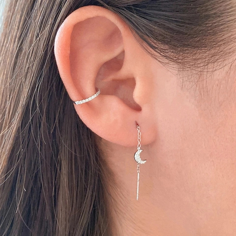 S925 Sterling Silver Moon Inlaid Zirconia Chain Threader Earrings Minimalist Gold Platinum Plated Moon Ear Line Jewelry For Women