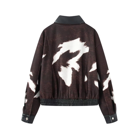 Dames Koemotief Patchwork Synthetisch Leren Jas Vintage Streetwear Neerklapbare Kraag Lange Mouw Rits Bovenkleding