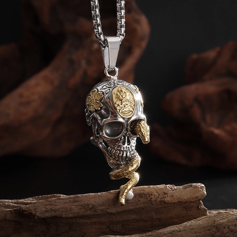 Collana Con Pendente A Teschio Lega Serpente Dorato Gotico Hip Hop Retro Punk Scuro Gioielli Per Uomo Unisex