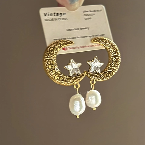 Pendientes Vintage Luna Creciente Estrella Perla Barroca Artificial Con Poste De Plata De Ley 925 Aleación Strass Regalo Elegante Mujer