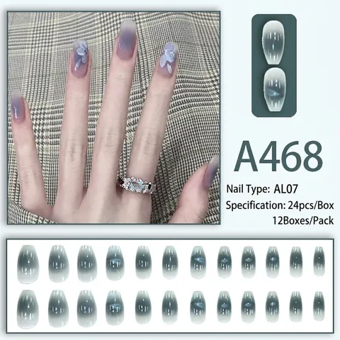 Press On Nails Artificial False Nails Ombre Blue Gray Gradient Flower Camellia Pattern Shiny Detachable With Glue
