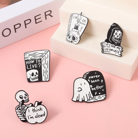 Gothic Skull Skeleton Enamel Pins Dark Humor Ghost Tombstone Brooches Sarcastic English Letter Metal Badge For Backpack