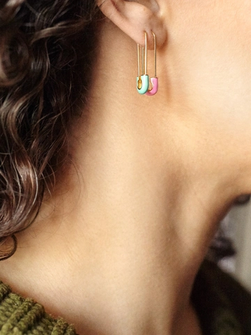 Creative Safety Pin Earrings 18k Gold Plated Alloy Enamel Drip Glue Bohemian Style Fashion Jewelry Women