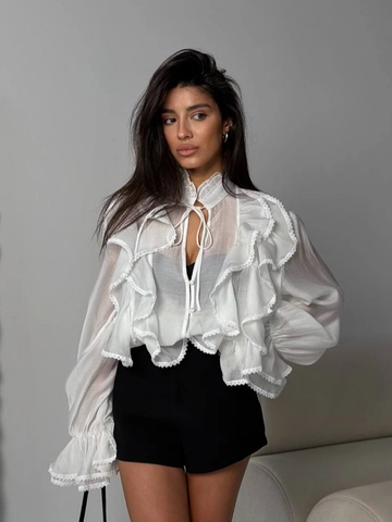 Women Elegant Ruffle Lace Blouse V Neck Tie Up Flare Sleeve See Through Mesh Solid White Shirt Vintage Top