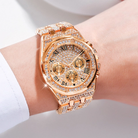 Luxury Men Quartz Watch Fully Iced Out Rhinestone Octagonal Bezel Roman Numerals Decorative Dial Business Casual Hip Hop