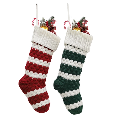 Christmas Stockings Knitted Polyester Striped Hanging Ornament Gift Bag Fireplace Decoration Festive Party Supplies