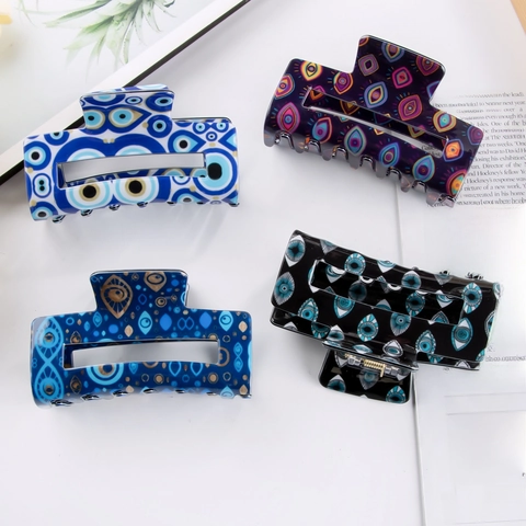 Rechteckige Haarklammer Evil Eye Print Vintage Acetat Große Haarkralle Böhmische Ethnische Haarnadel Zubehör Für Frauen