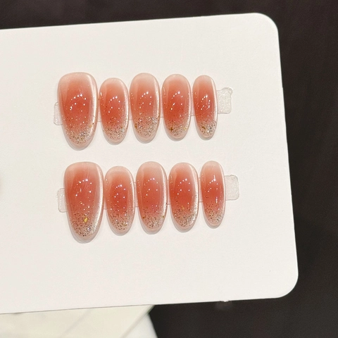 Handmade Pink Gradient Press On Nails Glossy Almond Shape Jelly False Nail Tips With Gold Glitter Shimmer Elegant