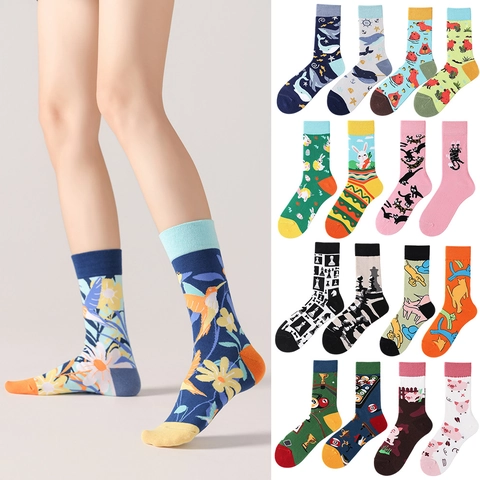 Weihnachten Asymmetrische Socken Für Herren Damen Lustige Bedruckte Baumwolle Wadenhohe Crew Socken Tier Blumen Muster Geschenk