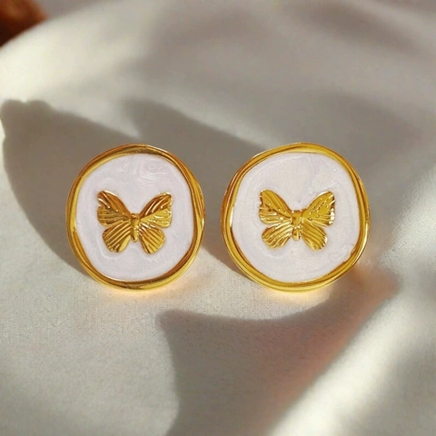 Butterfly Stud Earrings Stainless Steel Enamel French Vintage Retro Round Shape Minimalist Exquisite Jewelry For Women
