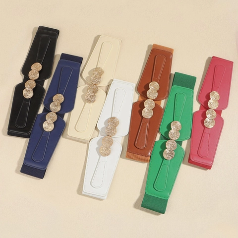 Women Wide Elastic Corset Belt PU Leather Gold Metal Interlocking Buckle Retro Stretch Waistband For Dress Accessory