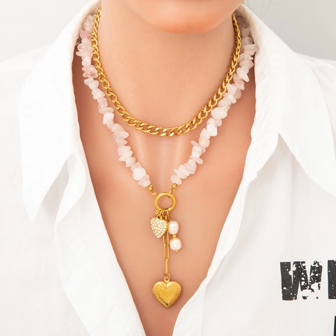 Collier Multirang Acier Inoxydable Plaqué Or 18K Pendentif Coeur Pierre Naturelle Rose Strass Künstliche Perle Bijoux
