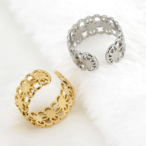 Anillo Abierto Con Patrón De Flores Huecas Acero Inoxidable Chapado En Oro De 18K Ajustable Joyería Geométrica Minimalista Para Mujer