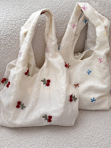 Damen Schultertasche Strukturierte Polyester Große Kapazität Kirsche Schleife Stickerei Lässige Handtasche