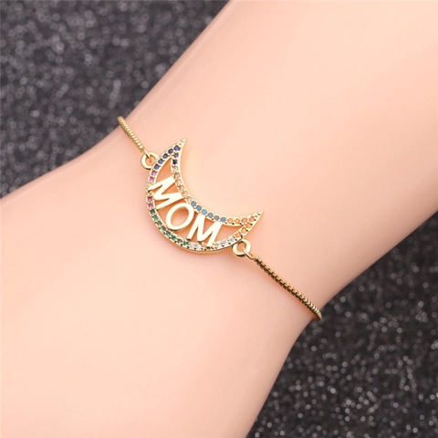 MOM MAMA Mond Anhänger Armband Bunte Zirkonia Vergoldetes Kupfer Verstellbarer Schmuck Geschenk Für Frauen