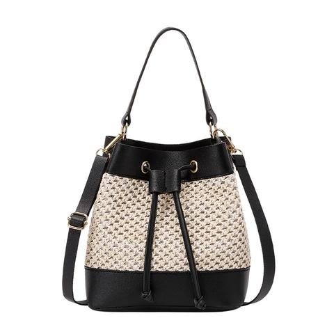 Fashion Straw Woven Bucket Bag Women Splicing PU Leather Drawstring Shoulder Crossbody Handbag Summer Beach Vacation