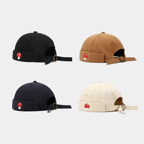 Mushroom Embroidery Docker Hat Cotton Brimless Miki Cap Vintage Adjustable Streetwear For Men Women