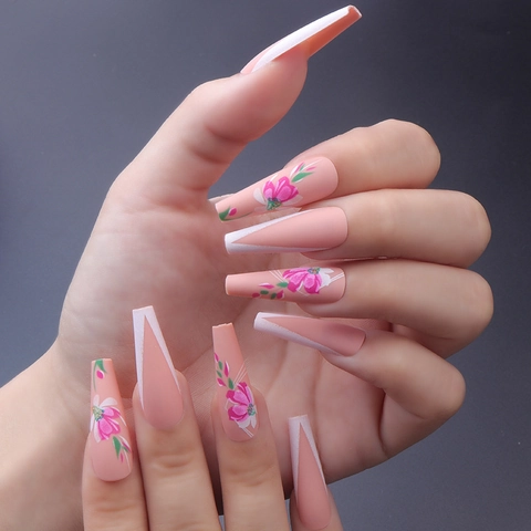 Press On Nails Long Coffin Ballerina Nude Pink White V French Tip Flower Design Wearable DIY Manicure For Women Girls