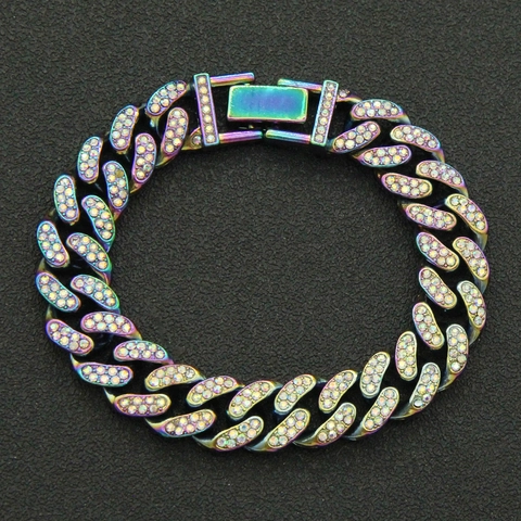 Cuban Link Chain Bracelet Necklace Alloy Full Rhinestone Iced Out Rainbow Colorful Iridescent Hip Hop Jewelry Unisex