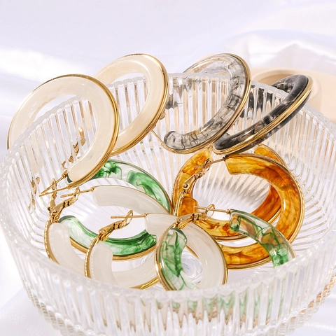 Hoop Earrings 18K Gold Plated Stainless Steel Marbled Resin Hollow Circle Hypoallergenic Retro For Women