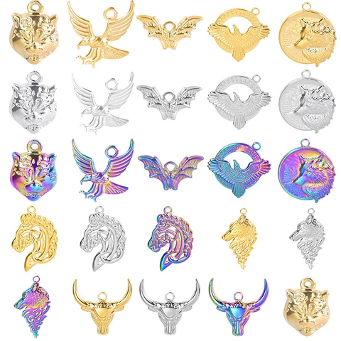 Stainless Steel Animal Charms Pendants Wolf Eagle Bat Horse Bull Tiger Head Celtic Knot For DIY Jewelry Making Accessory