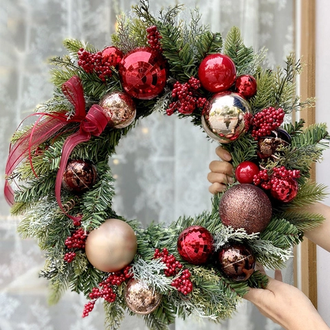 Künstlicher Weihnachtskranz Kiefer LED Lichter Kugeln Beeren Schleife Türbehang Feiertag Deko Ornament