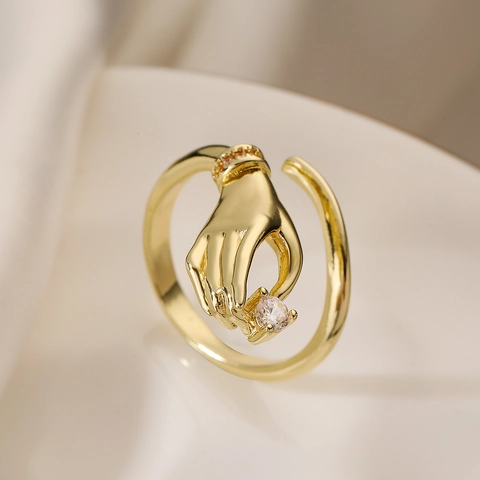 Hand Shape Ring Gold Plated Copper Zircon Unique Design Chic Adjustable Open Ring For Women Minimalist Jewelry