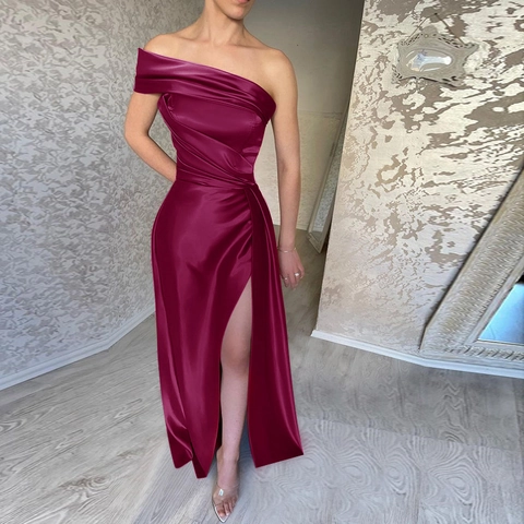 Vestido Maxi De Satén De Un Hombro Elegante Con Abertura Alta Vestido De Noche Color Sólido Sexy Para Mujeres