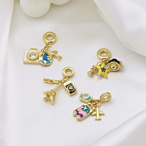 Travel Theme Charm Pendant Gold Plated Copper Enamel Zircon Plane Camera Eiffel Tower Dangle For Bracelet Women