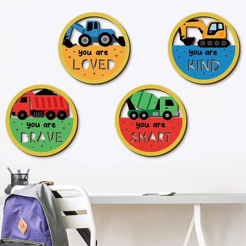 Construction Vehicle Wooden Wall Decor Kids Room Nursery Excavator Bulldozer Round Hanging Sign With Motivational Quotes
