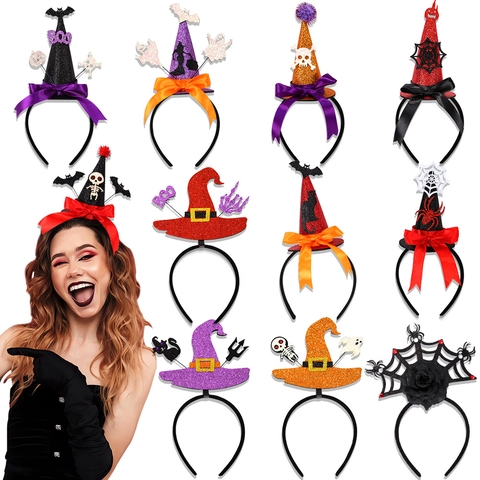 Diadema de Sombrero de Bruja de Halloween Purpurina Telaraña Calavera Fantasma Decorativo Fiesta Para Mujeres Niños Cosplay Accesorio