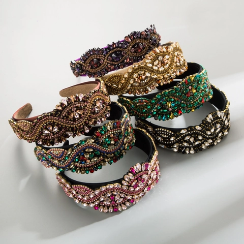 Baroque Vintage Rhinestone Padded Headband For Women Luxury Glass Crystal Beaded Polyester Hair Hoop Wide Palace Style Wedding Party Jewelry