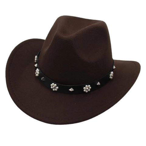 Western Cowboy Hat Woolen Felt Fedora With Artificial Pearl And Metal Rivet Belt Wide Brim Retro Jazz Style Fashion Accessories